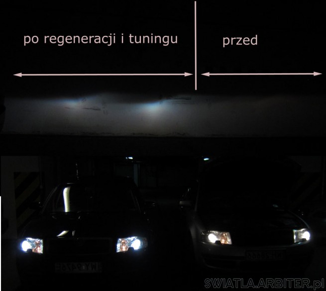 Regeneracja świateł Skoda Superb 1 - porównanie samochodu z lampami po regeneracji ...
